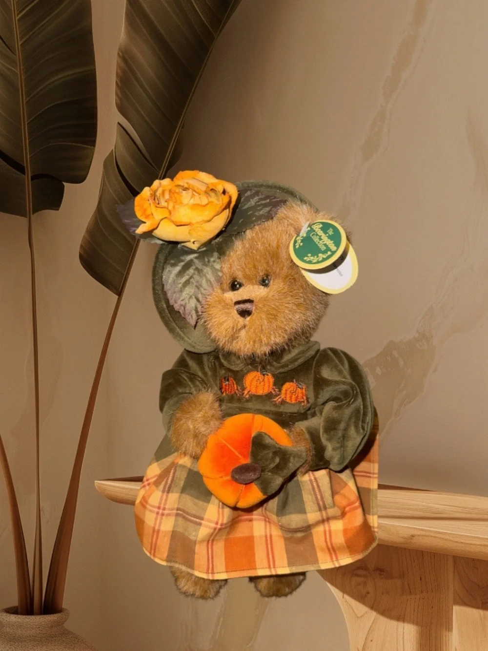 Fall Harvest Brown Plush Bear with Orange Pumpkin Accent Vintage Collection!!